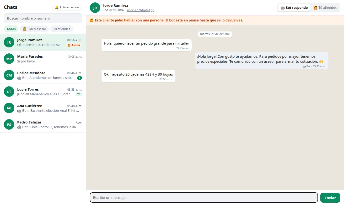 Chat de un cliente que pidió hablar con un asesor